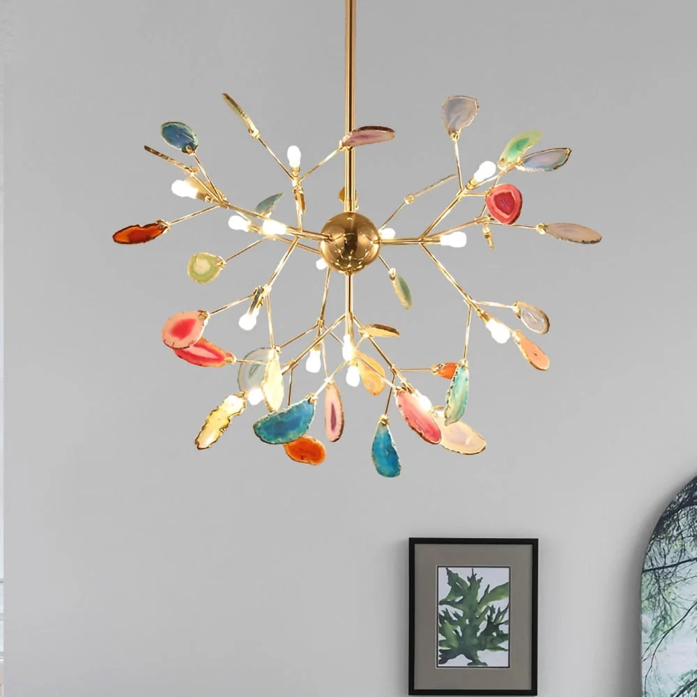 Pendant Chandelier Natural Agate Gilded Metal Warm Diffused Light