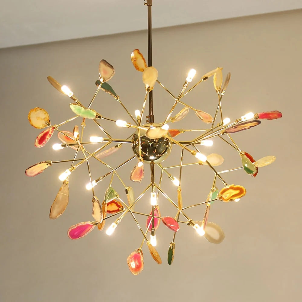 Pendant Chandelier Natural Agate Gilded Metal Warm Diffused Light