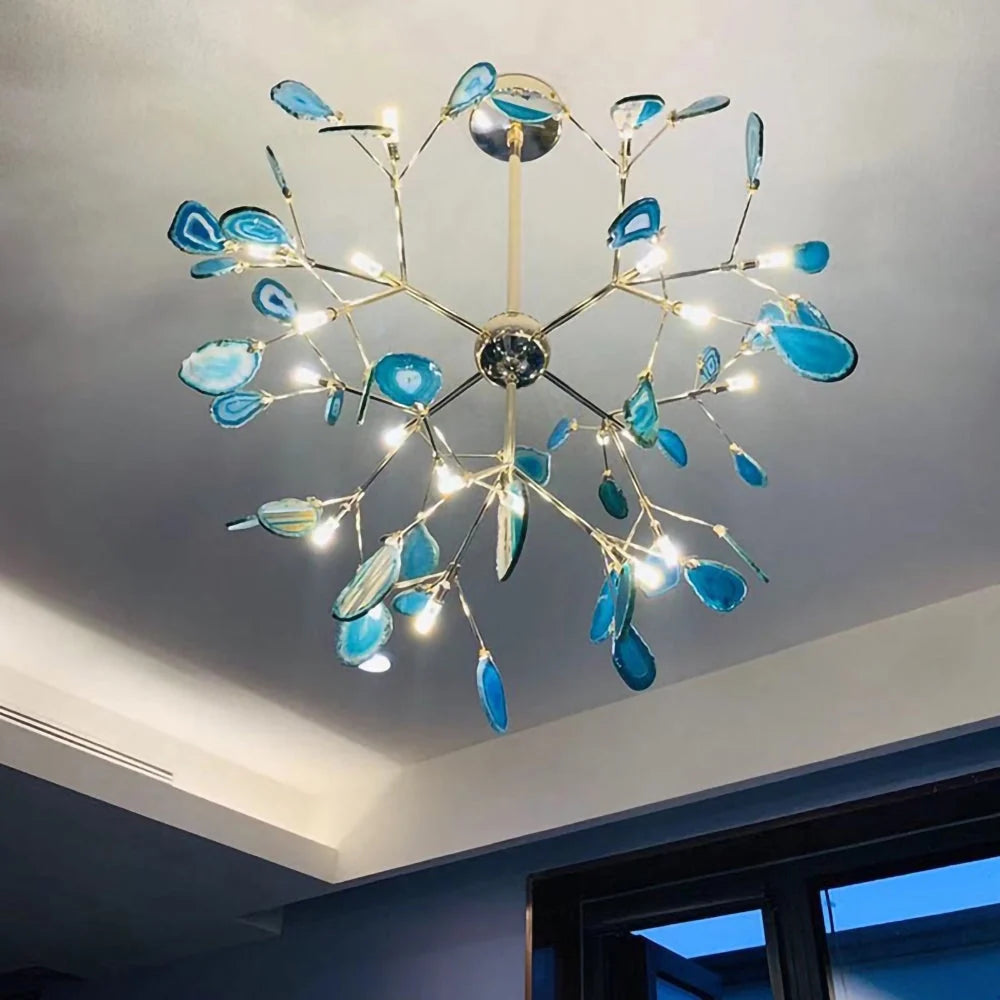 Pendant Chandelier Natural Agate Gilded Metal Warm Diffused Light