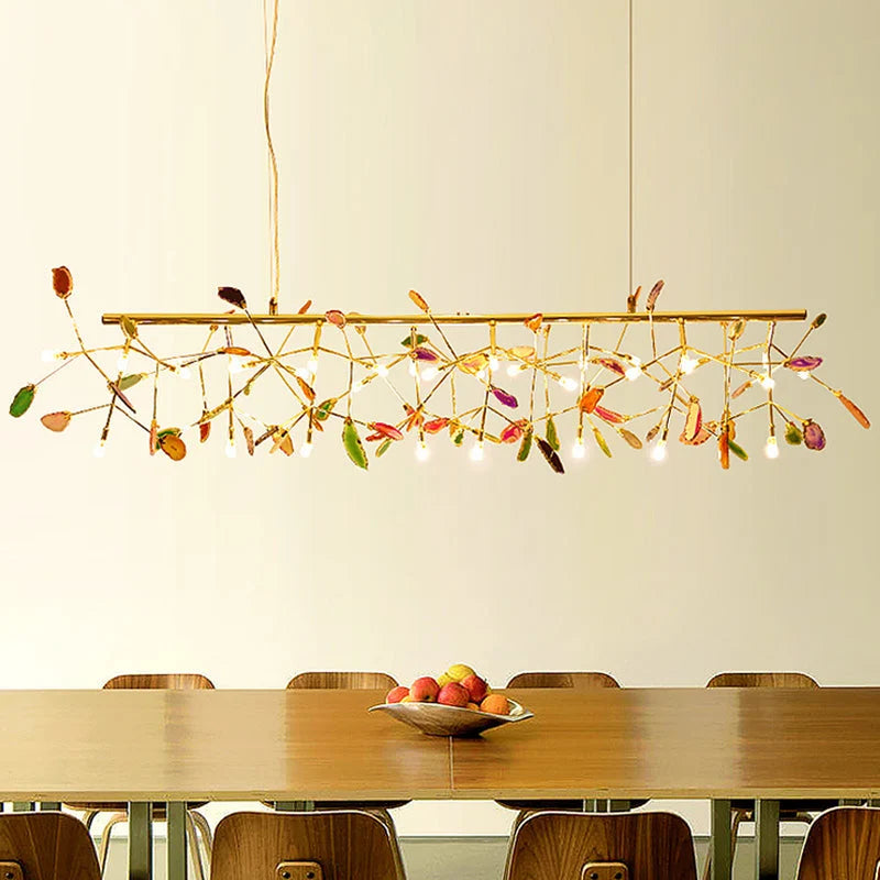 Pendant Chandelier Natural Agate Gilded Metal Warm Diffused Light