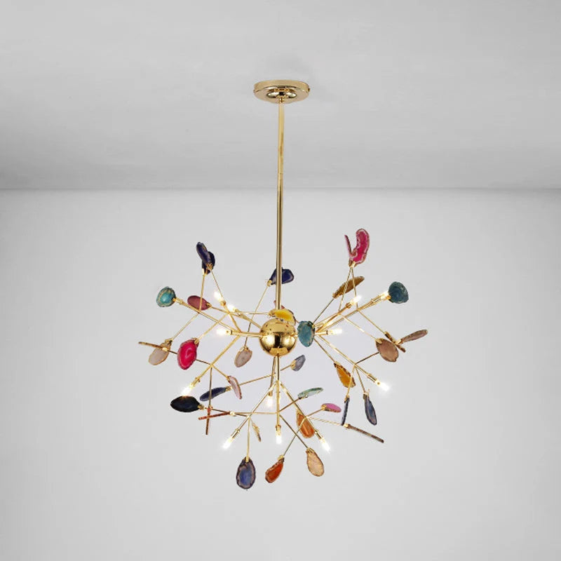Pendant Chandelier Natural Agate Gilded Metal Warm Diffused Light