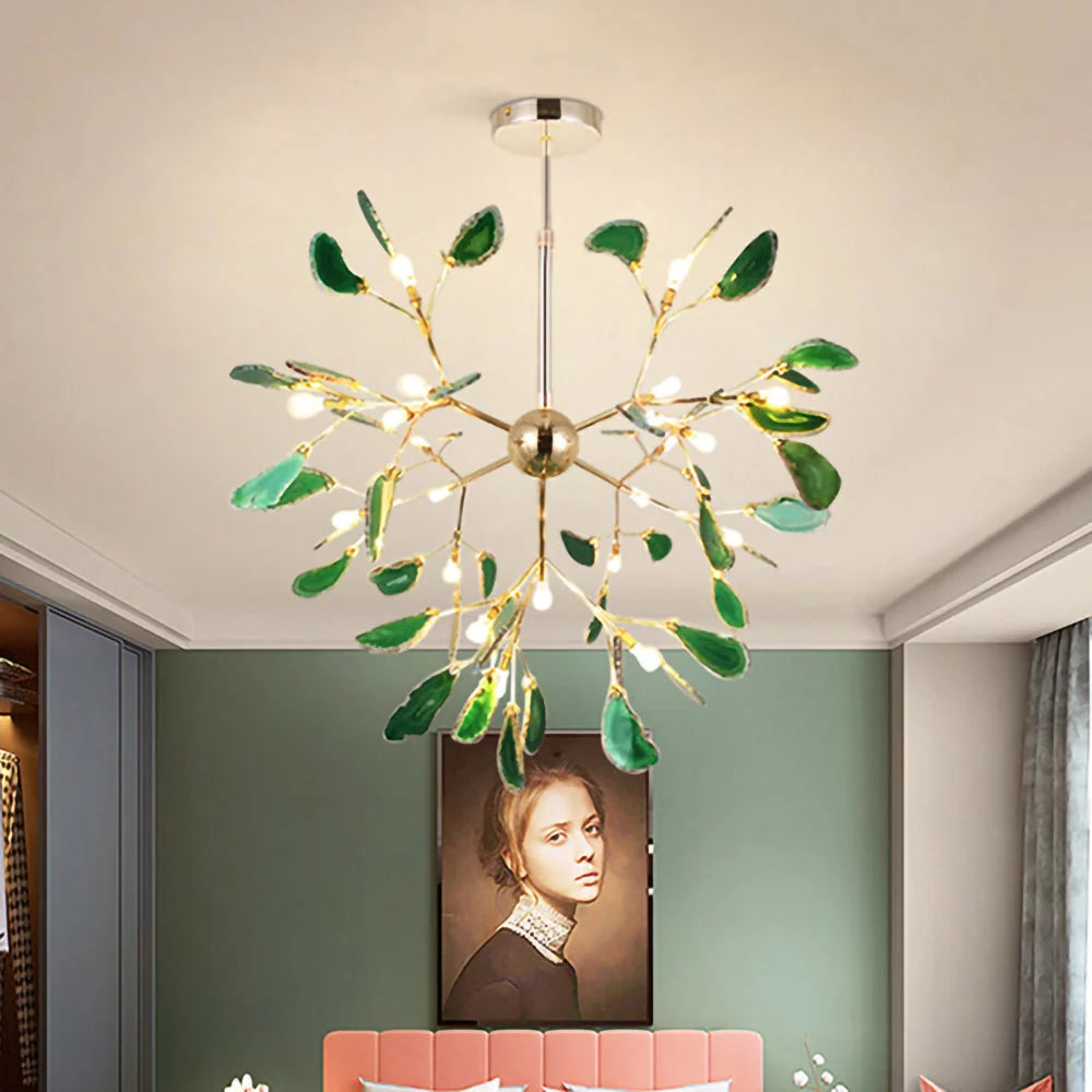 Pendant Chandelier Natural Agate Gilded Metal Warm Diffused Light
