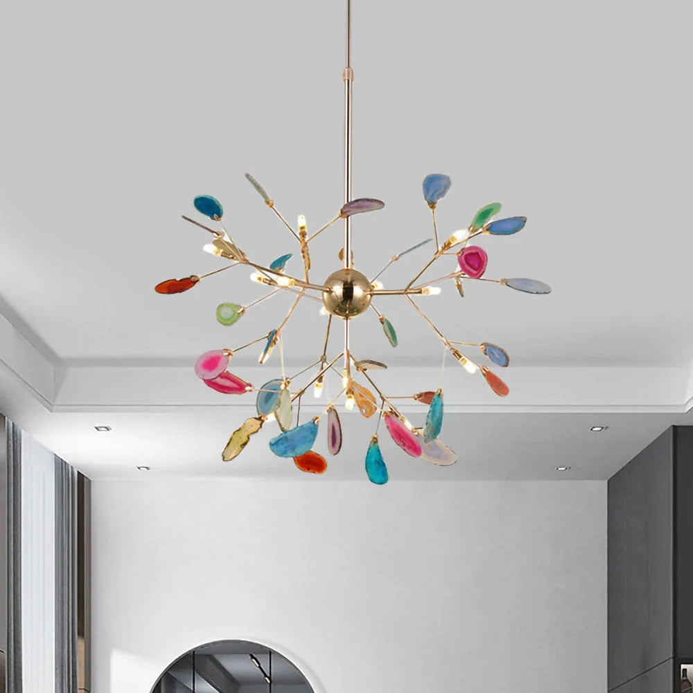 Pendant Chandelier Natural Agate Gilded Metal Warm Diffused Light