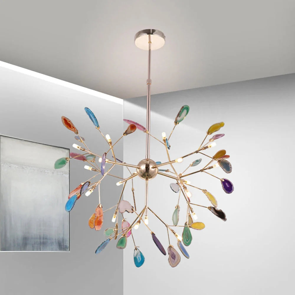 Pendant Chandelier Natural Agate Gilded Metal Warm Diffused Light