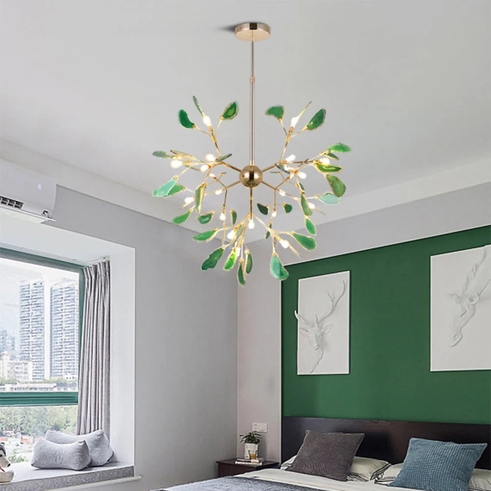 Pendant Chandelier Natural Agate Gilded Metal Warm Diffused Light