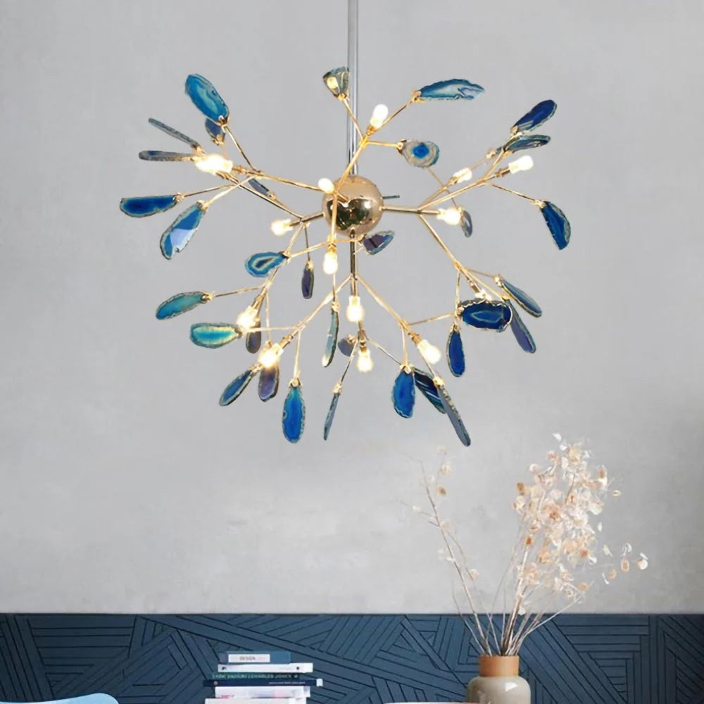 Pendant Chandelier Natural Agate Gilded Metal Warm Diffused Light