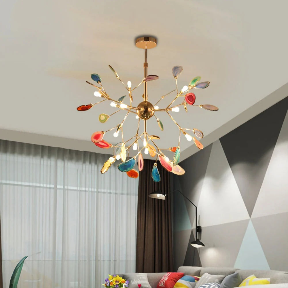 Pendant Chandelier Natural Agate Gilded Metal Warm Diffused Light