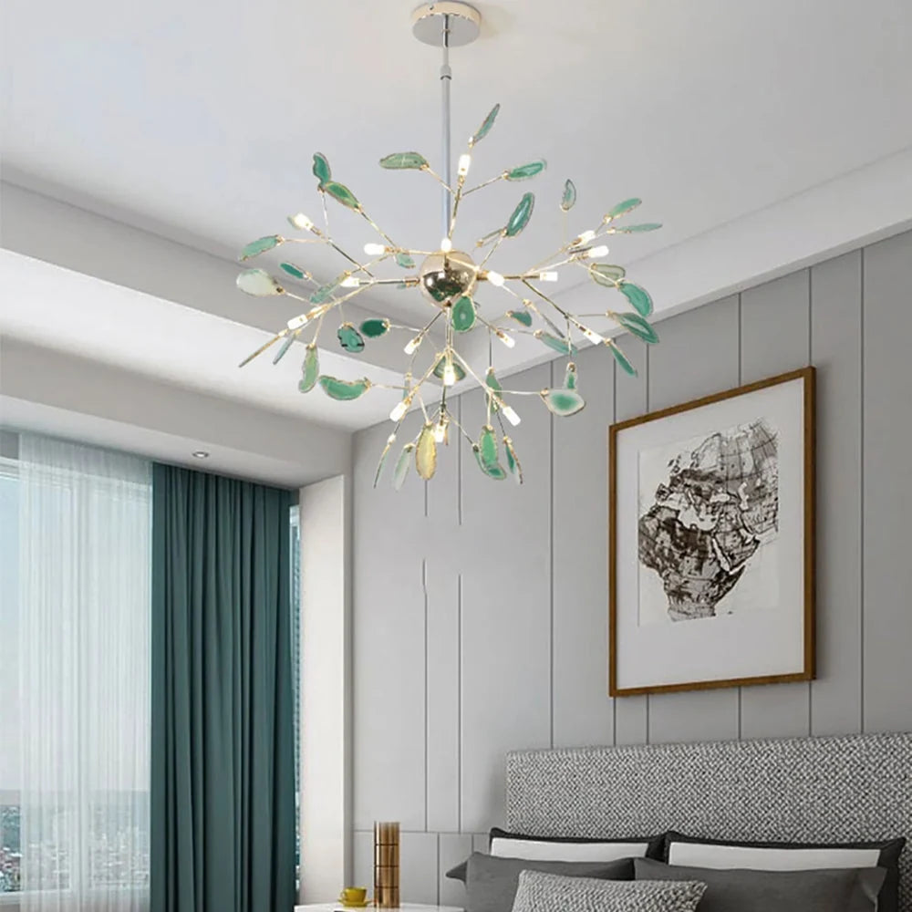 Pendant Chandelier Natural Agate Gilded Metal Warm Diffused Light