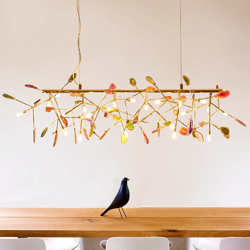 Pendant Chandelier Natural Agate Gilded Metal Warm Diffused Light