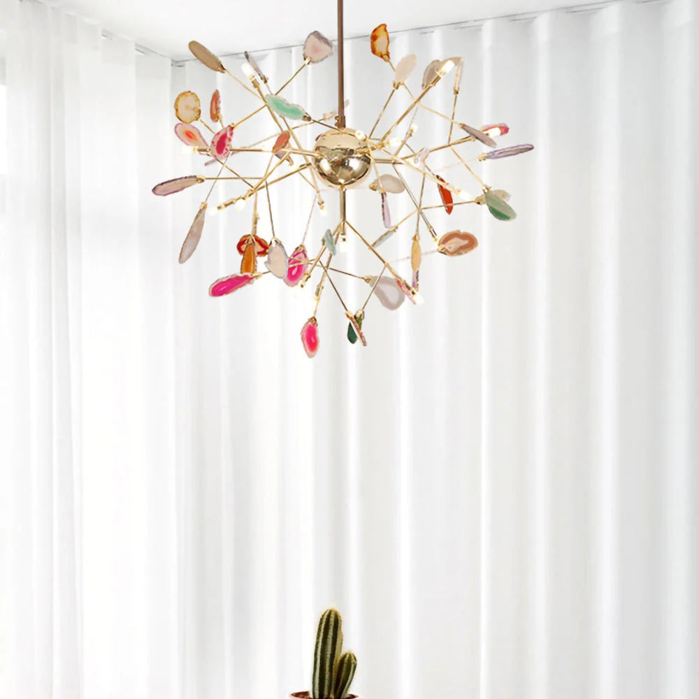 Pendant Chandelier Natural Agate Gilded Metal Warm Diffused Light