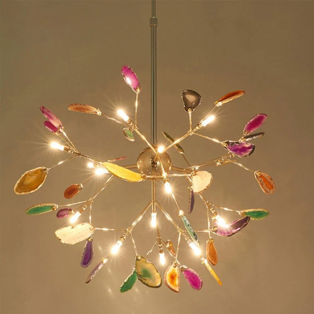 Pendant Chandelier Natural Agate Gilded Metal Warm Diffused Light