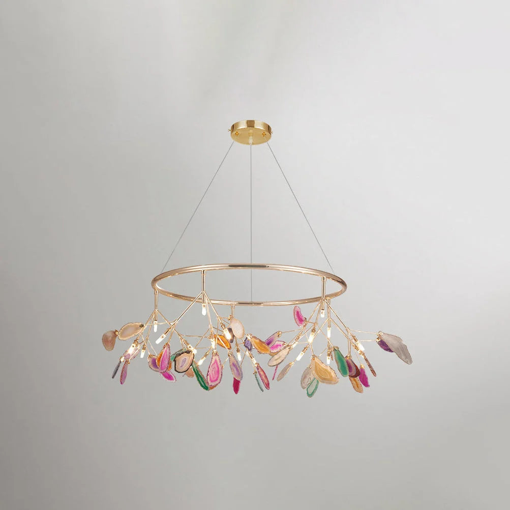 Pendant Chandelier Natural Agate Gilded Metal Warm Diffused Light