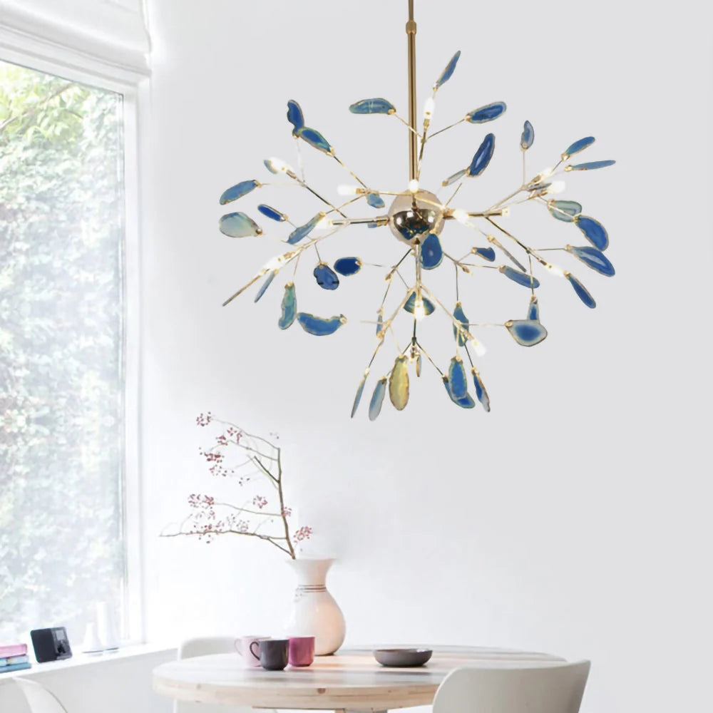 Pendant Chandelier Natural Agate Gilded Metal Warm Diffused Light
