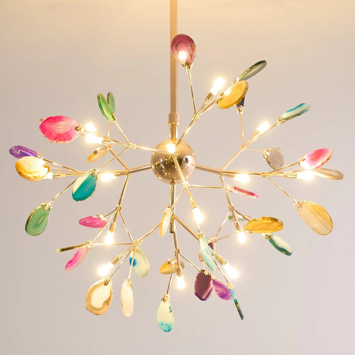 Pendant Chandelier Natural Agate Gilded Metal Warm Diffused Light