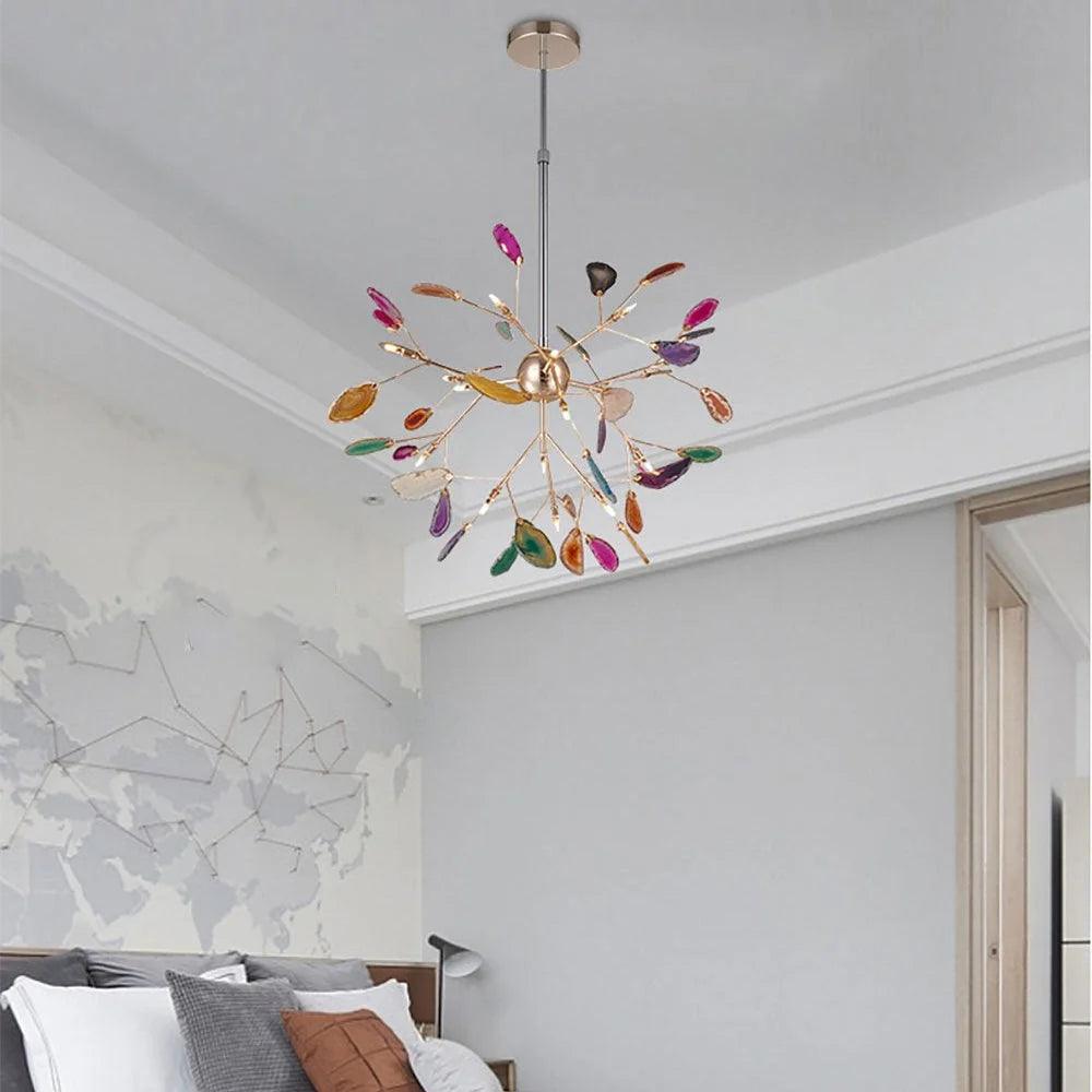 Pendant Chandelier Natural Agate Gilded Metal Warm Diffused Light