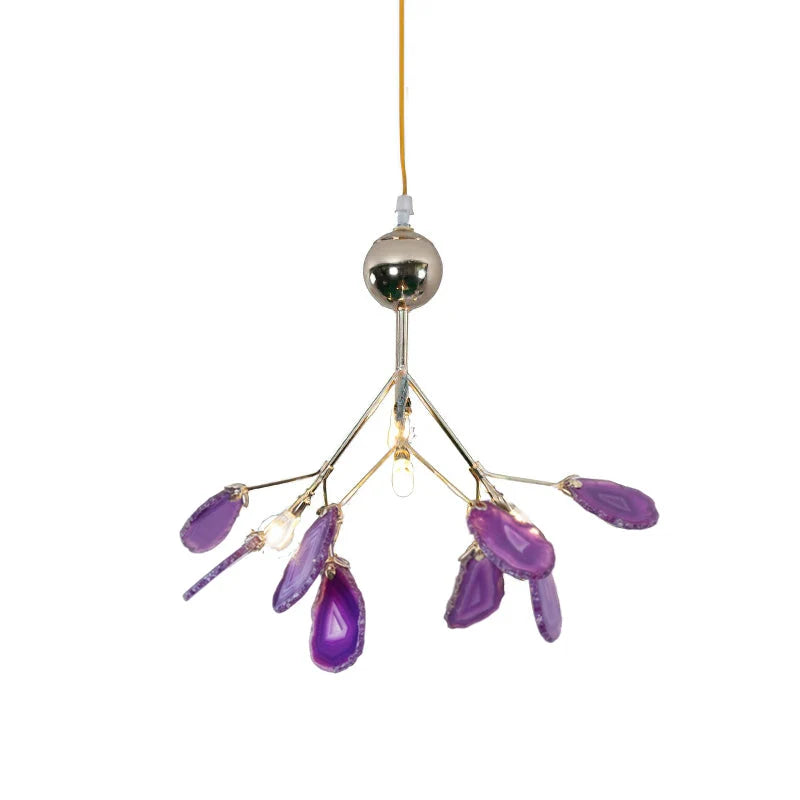 Pendant Chandelier Natural Agate Gilded Metal Warm Diffused Light