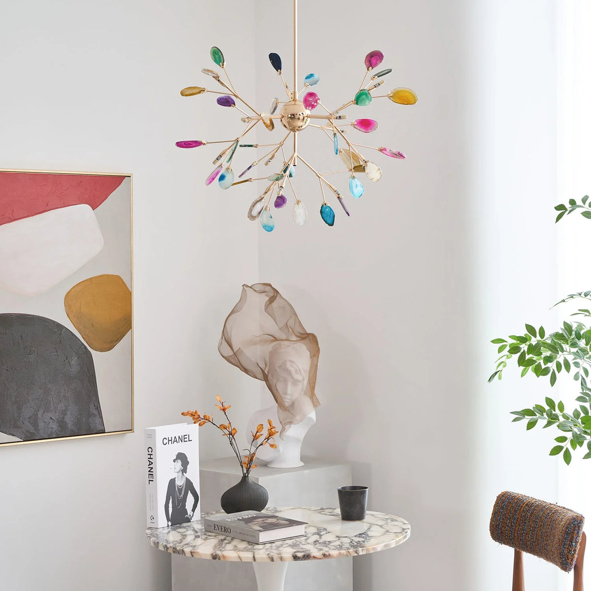 Pendant Chandelier Natural Agate Gilded Metal Warm Diffused Light