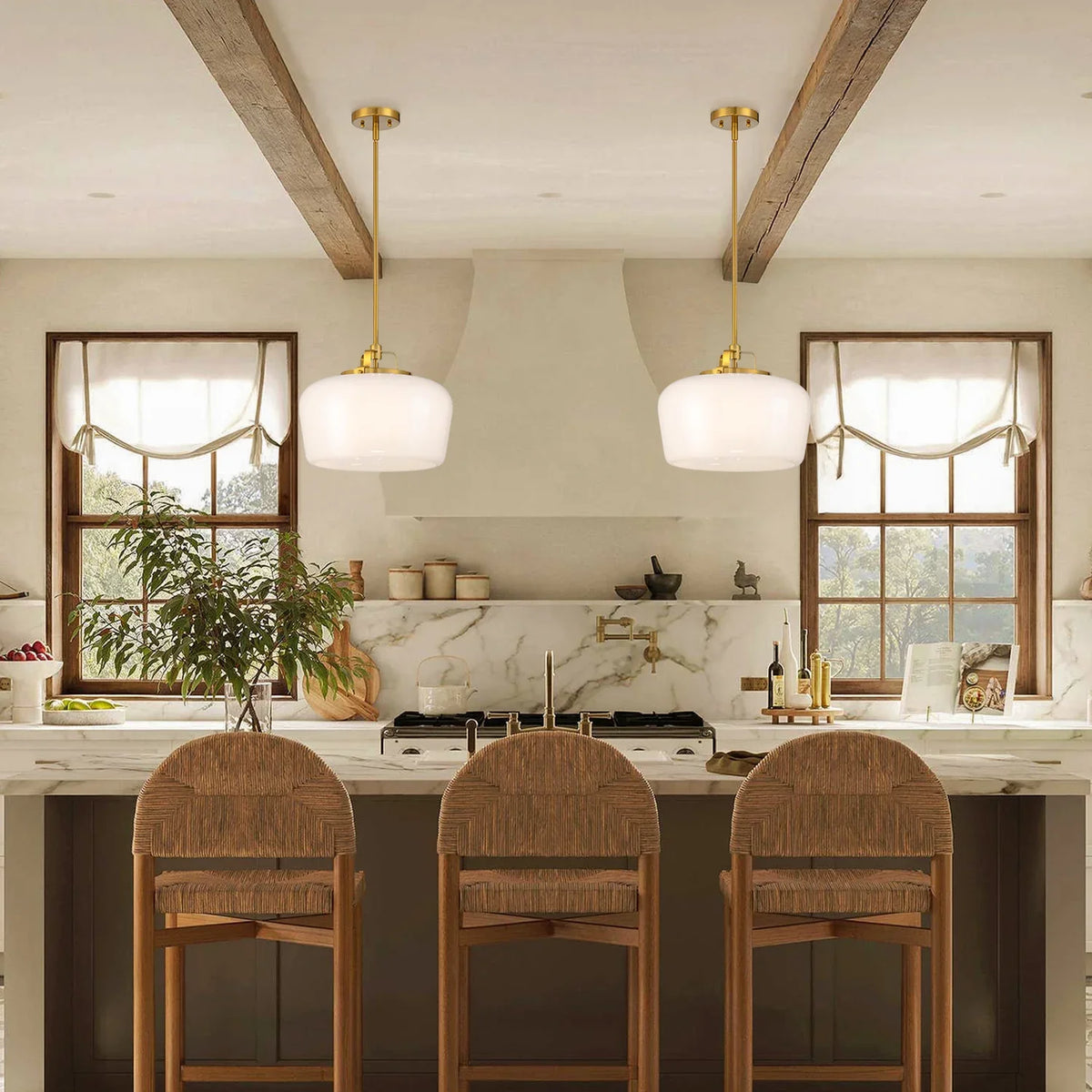 Pendant Lamp 3-Light Opal White Glass Antique Brass