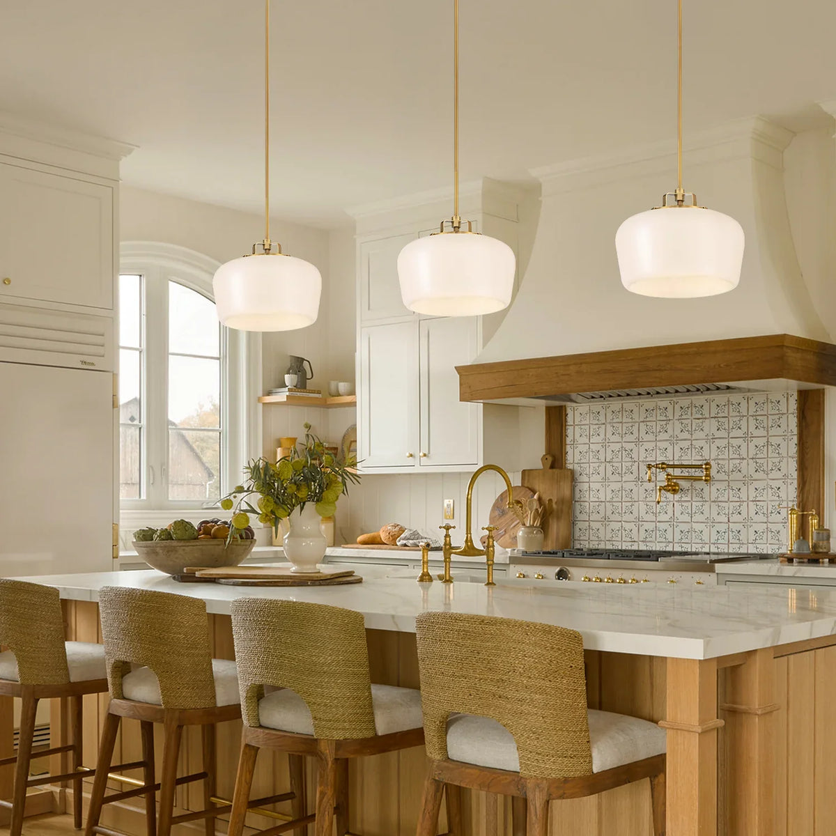 Pendant Lamp 3-Light Opal White Glass Antique Brass