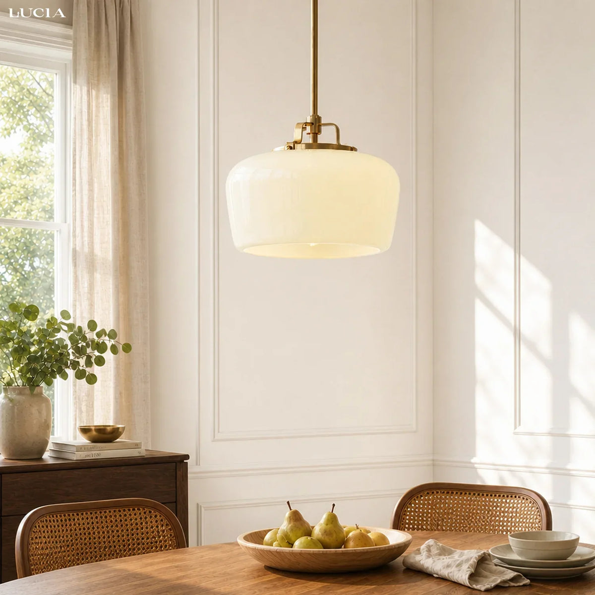 Pendant Lamp 3-Light Opal White Glass Antique Brass