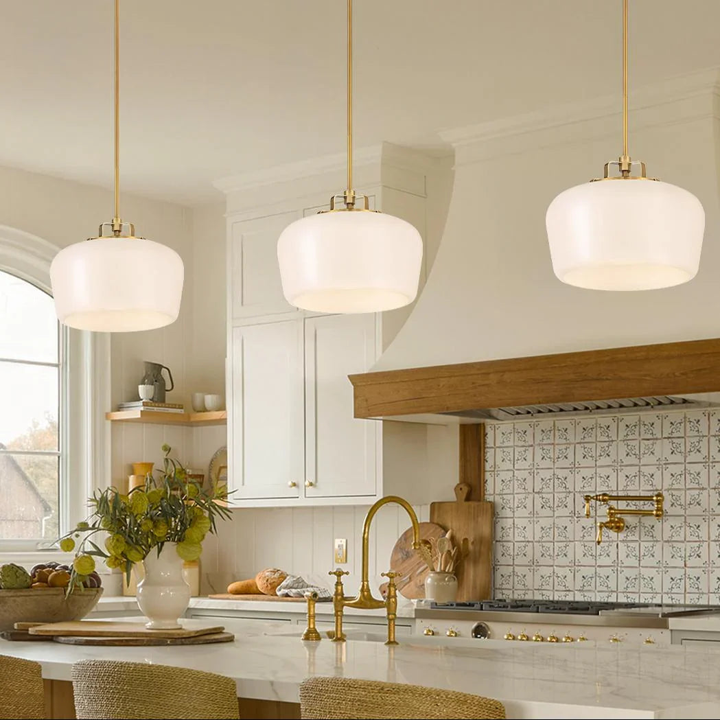Pendant Lamp 3-Light Opal White Glass Antique Brass