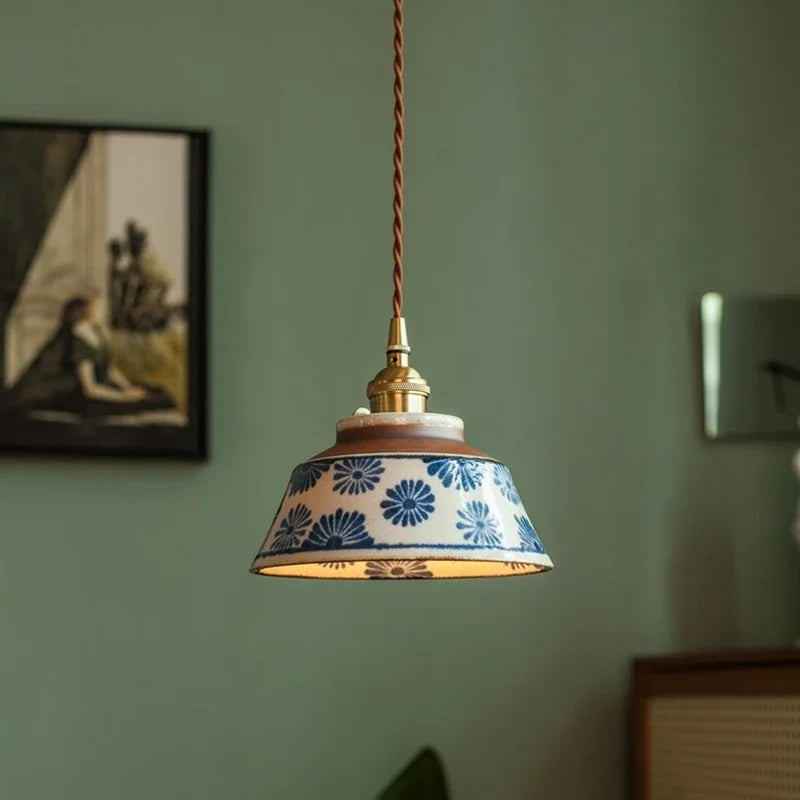Pendant Lamp Ceramic Hand-Painted Floral Includes Bulb
