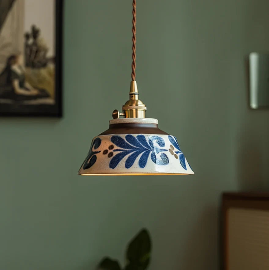 Pendant Lamp Ceramic Hand-Painted Floral Includes Bulb