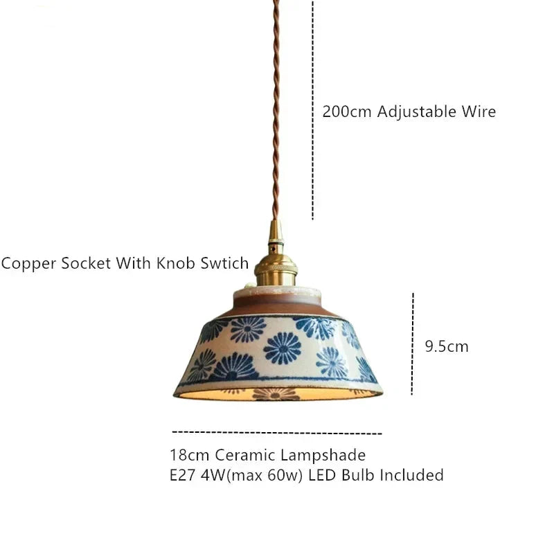 Pendant Lamp Ceramic Hand-Painted Floral Includes Bulb