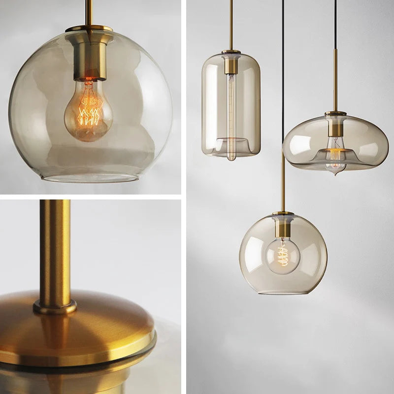 Pendant Lamp Cognac Glass Brass Finish Adjustable Cable