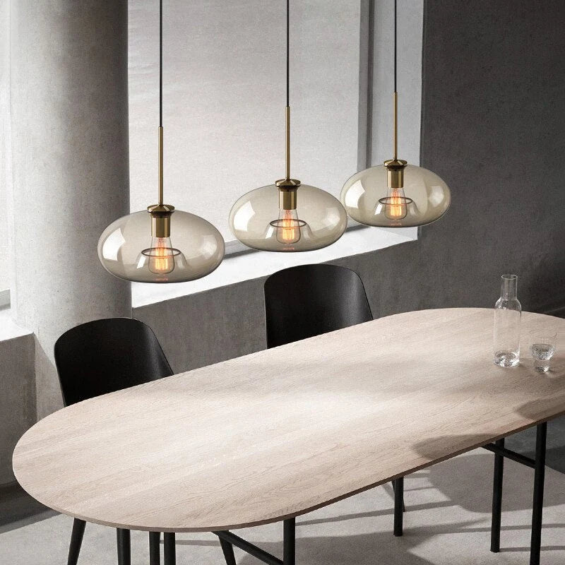 Pendant Lamp Cognac Glass Brass Finish Adjustable Cable