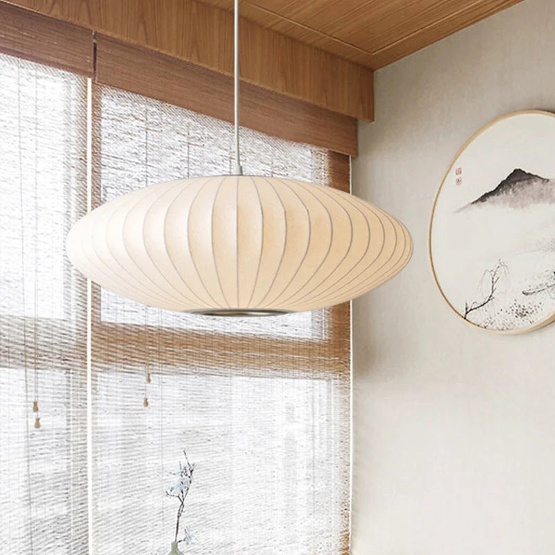 Pendant Lamp Disc-Shaped White Fabric Adjustable Cord