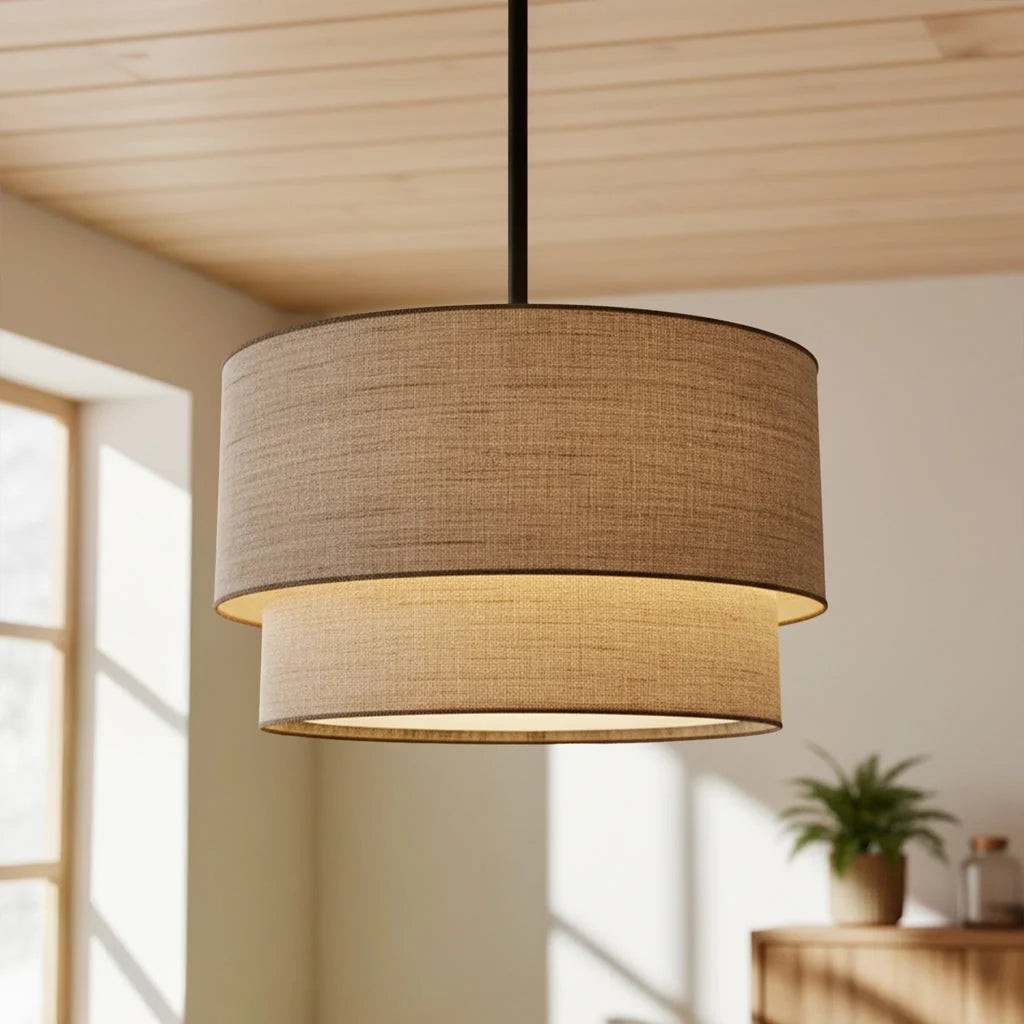 Pendant Lamp Double Linen Shade Push Button Dimmer