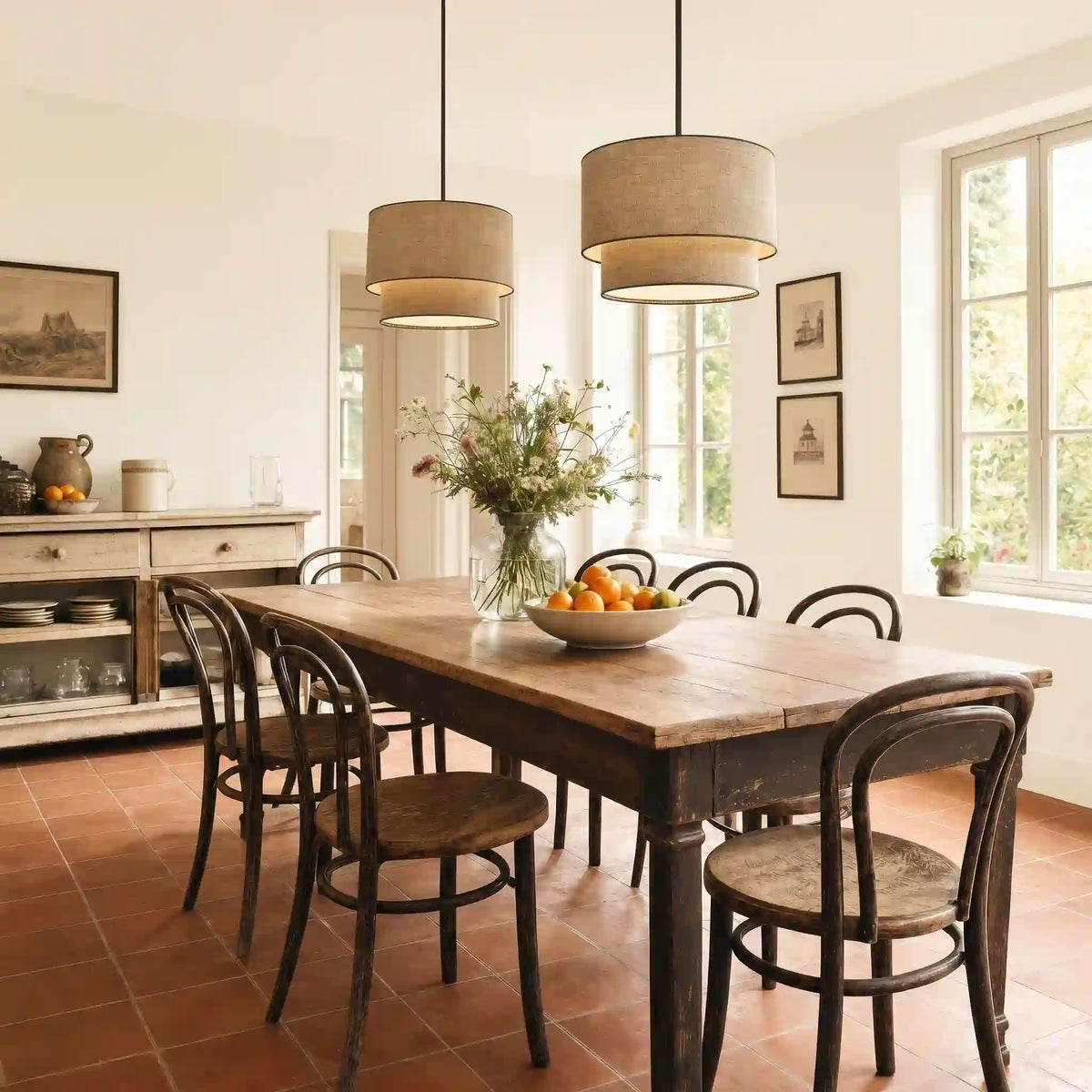 Pendant Lamp Double Linen Shade Push Button Dimmer