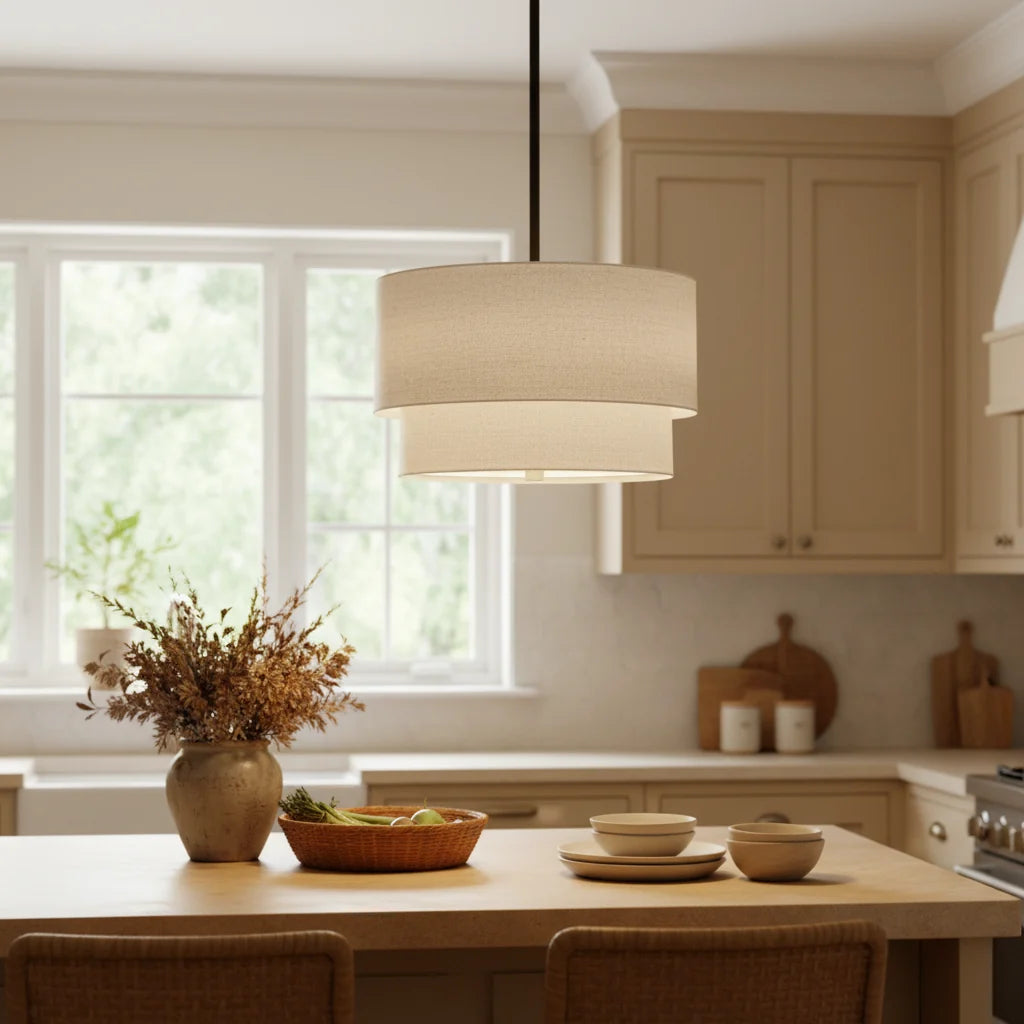 Pendant Lamp Double Linen Shade Push Button Dimmer