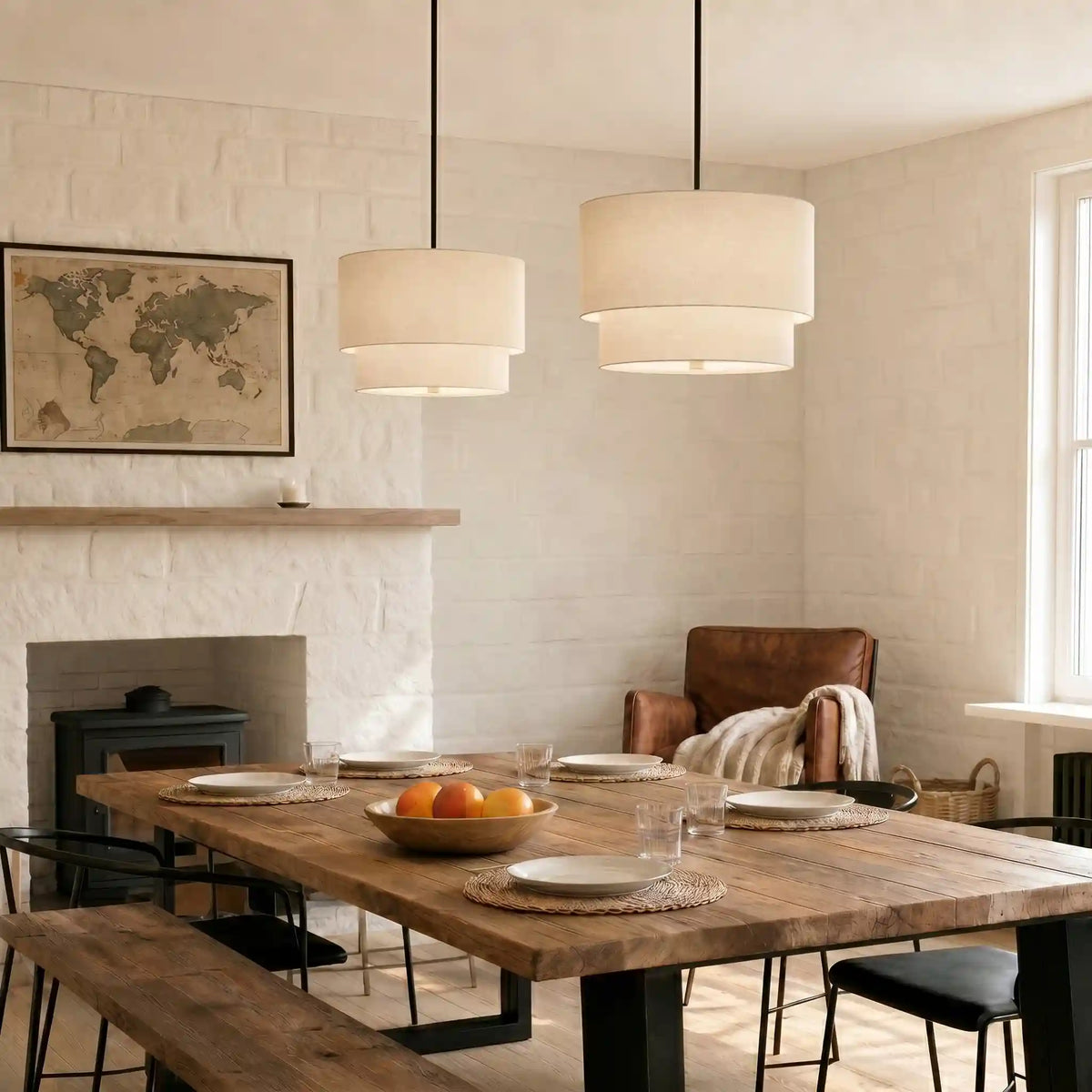 Pendant Lamp Double Linen Shade Push Button Dimmer