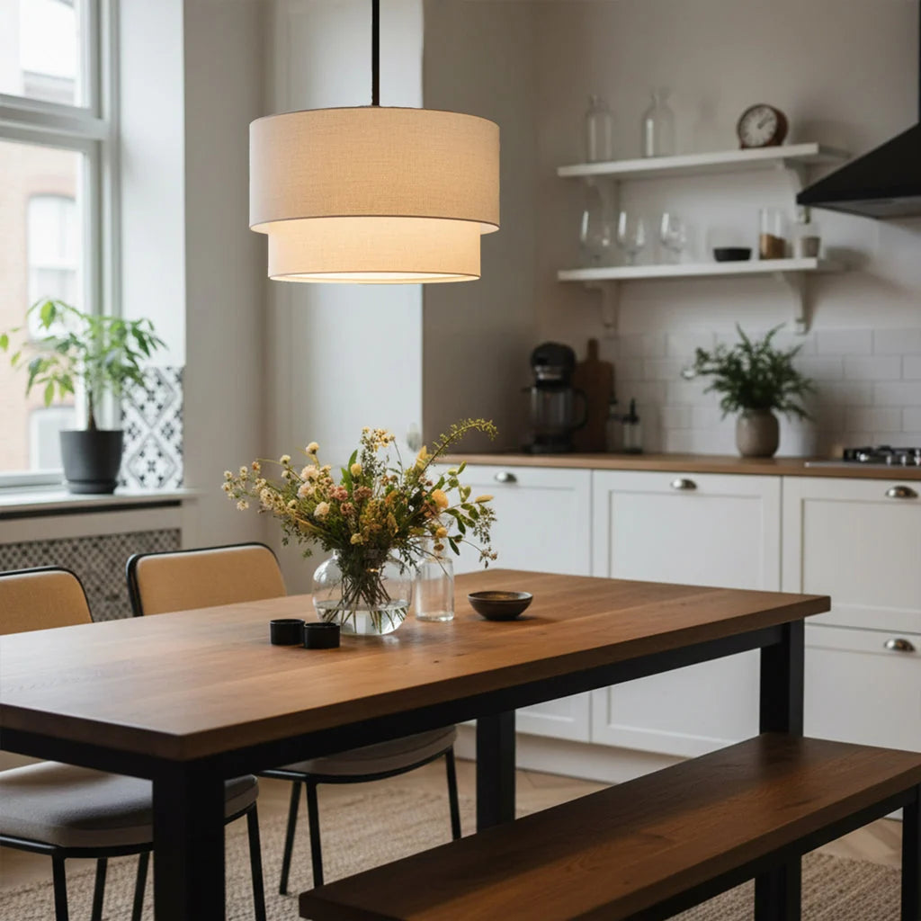 Pendant Lamp Double Linen Shade Push Button Dimmer