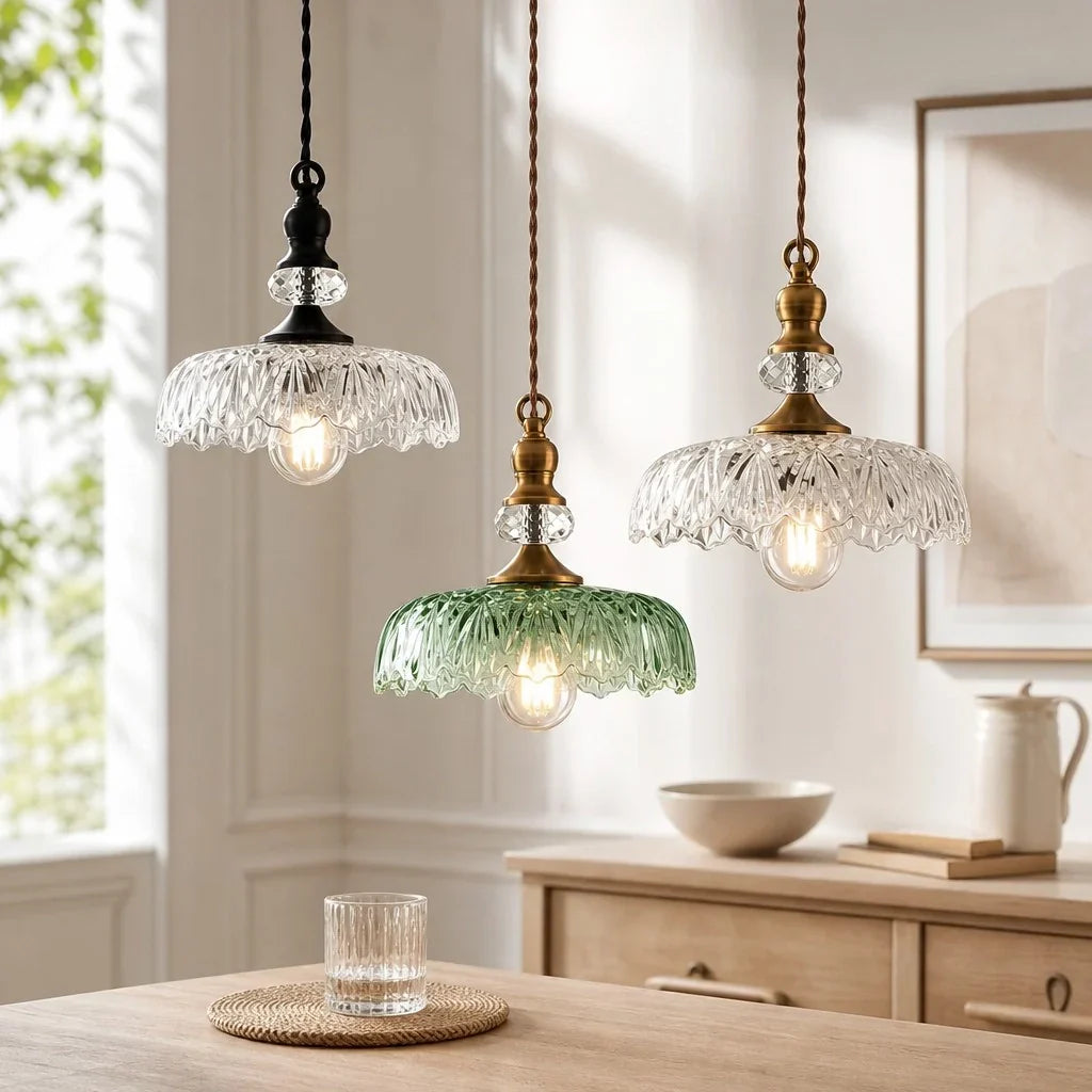 Pendant Lamp Floral Glass Brass Finish