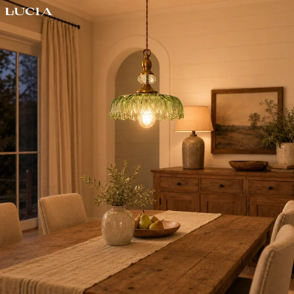 Pendant Lamp Floral Glass Brass Finish