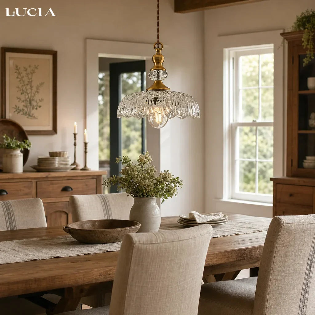 Pendant Lamp Floral Glass Brass Finish