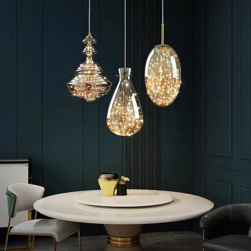 Pendant Lamp Gray Glass Starry Sky Copper Fixture