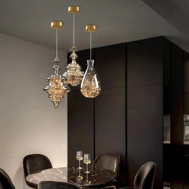 Pendant Lamp Gray Glass Starry Sky Copper Fixture