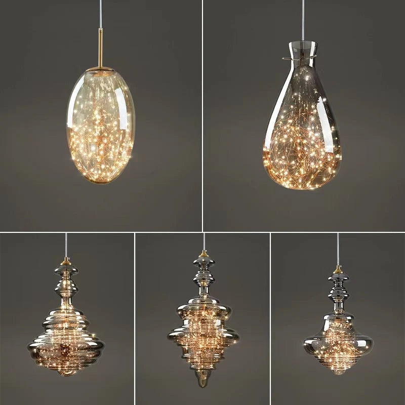 Pendant Lamp Gray Glass Starry Sky Copper Fixture