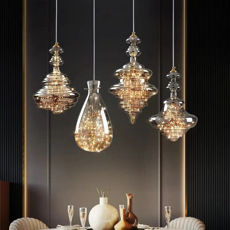 Pendant Lamp Gray Glass Starry Sky Copper Fixture