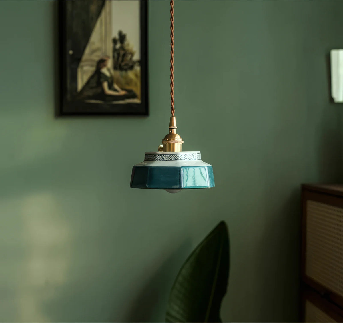 Pendant Lamp Hand-Painted Ceramic Copper Fitting & Warm LED