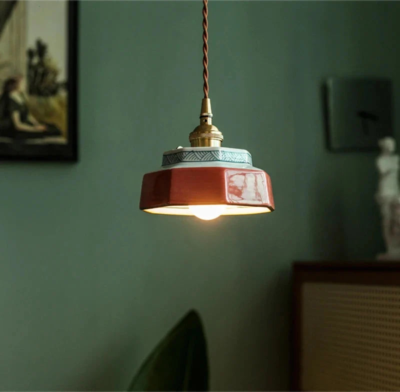 Pendant Lamp Hand-Painted Ceramic Copper Fitting & Warm LED