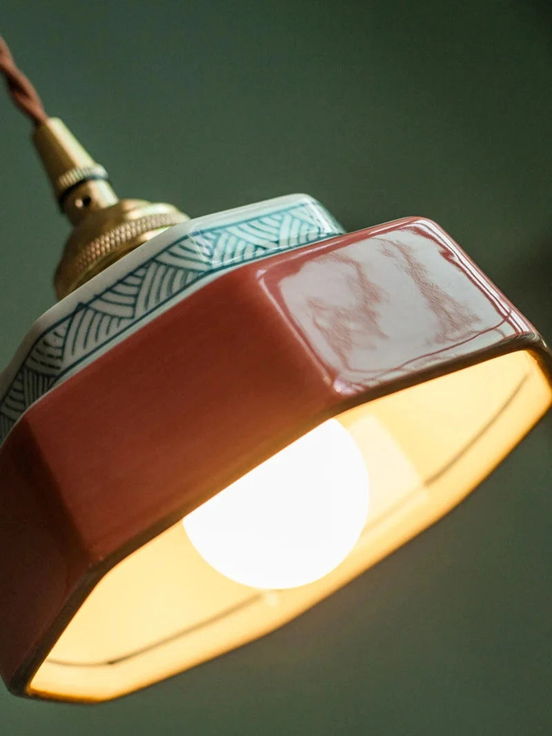 Pendant Lamp Hand-Painted Ceramic Copper Fitting & Warm LED