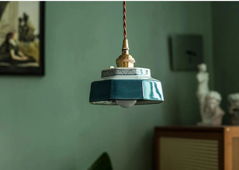 Pendant Lamp Hand-Painted Ceramic Copper Fitting & Warm LED