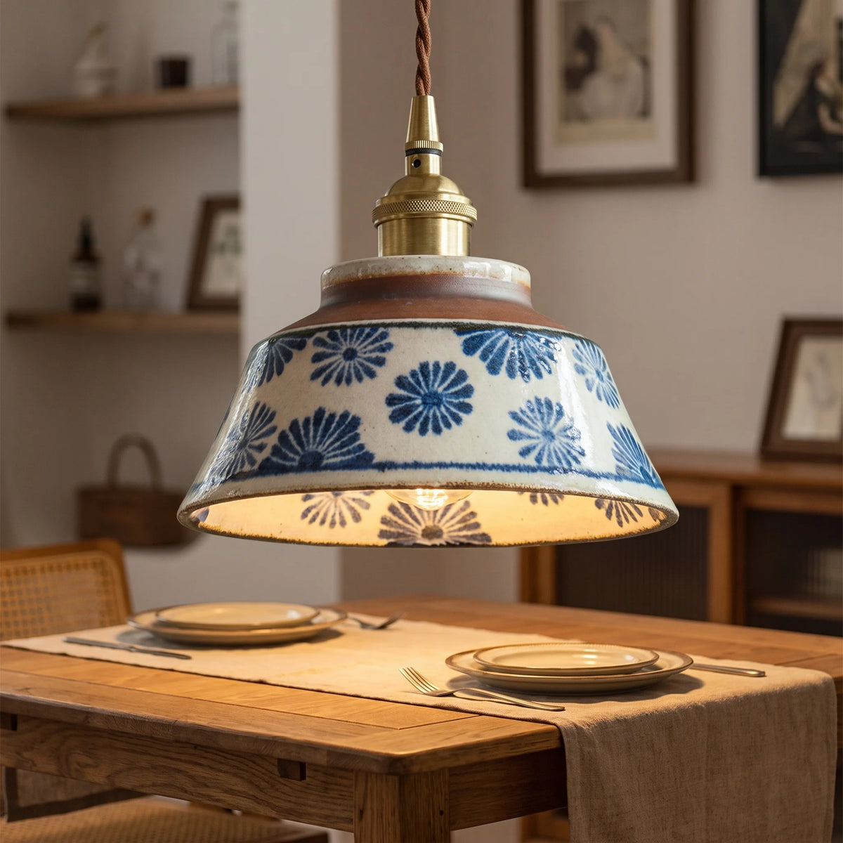 Pendant Lamp Hand-Painted Ceramic Shade & Bulb Included