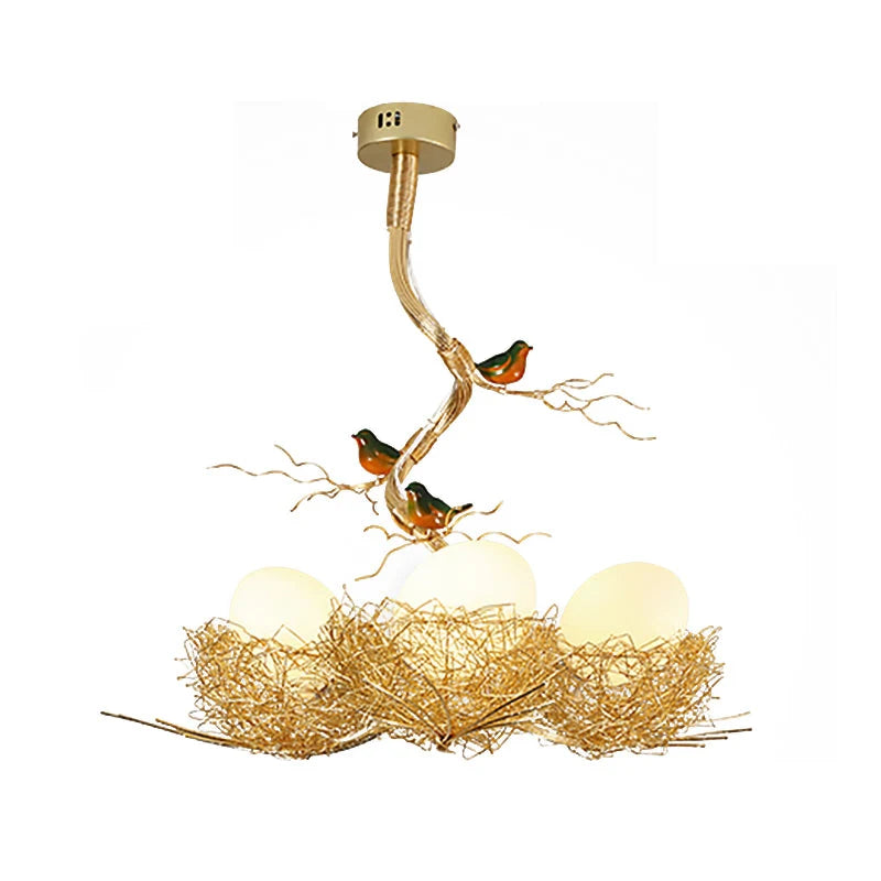 Pendant Lamp Hand-Woven Nest & Milky Glass Globe