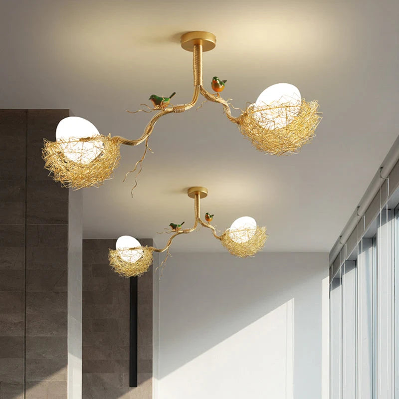 Pendant Lamp Hand-Woven Nest & Milky Glass Globe